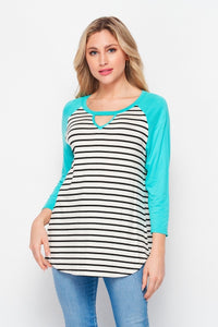 Ivory Striped Top with Turquoise Sleeves
