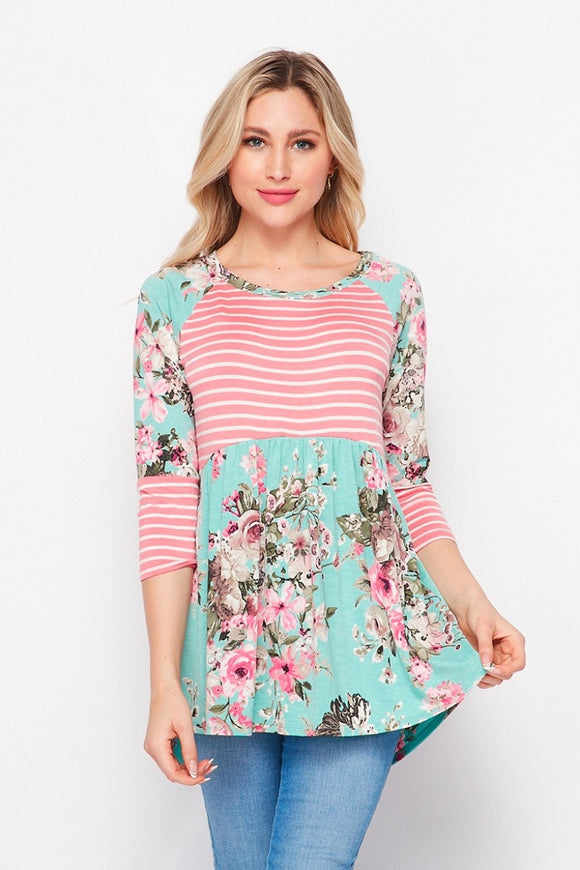 Mint/Pink Floral Striped Babydoll Top
