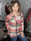 Taupe Red Black Plaid Dolman Top