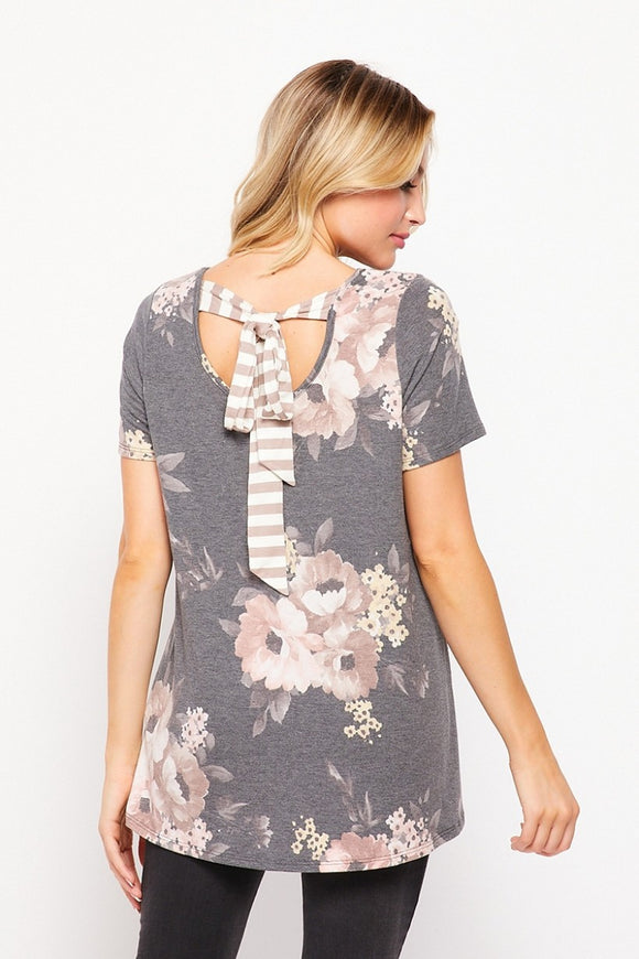 Brown Floral Tee with Open Tie Back