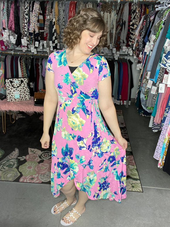 Pink & Blue Floral High Low Maxi Dress