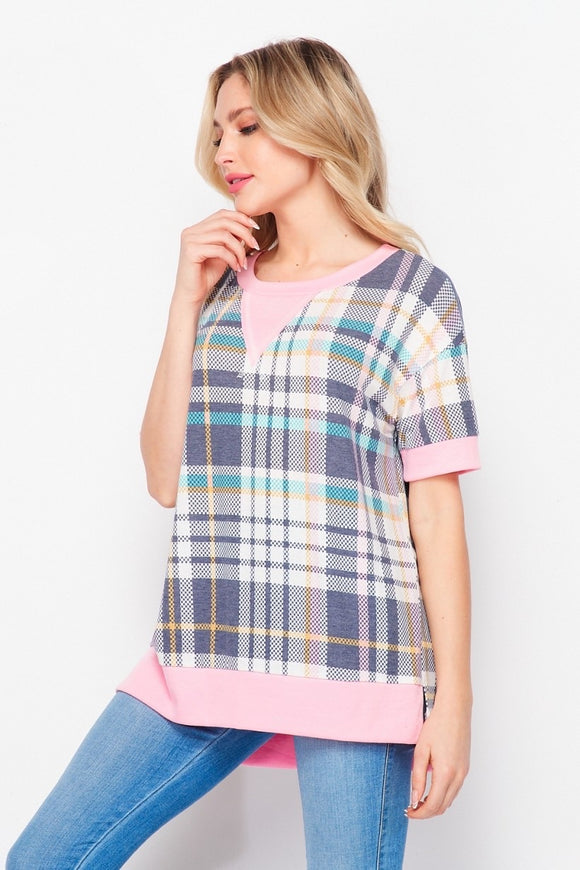 Navy Plaid Tee with Pink Trim