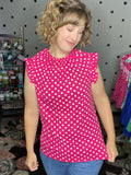 Pleated Round Neck Polka Dot Top